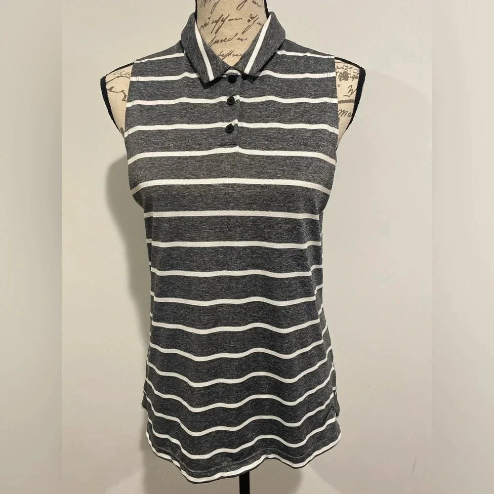 Nike Dri-Fit Gray & White Horizontal Striped Sleeveless Polo Top Women's Medium